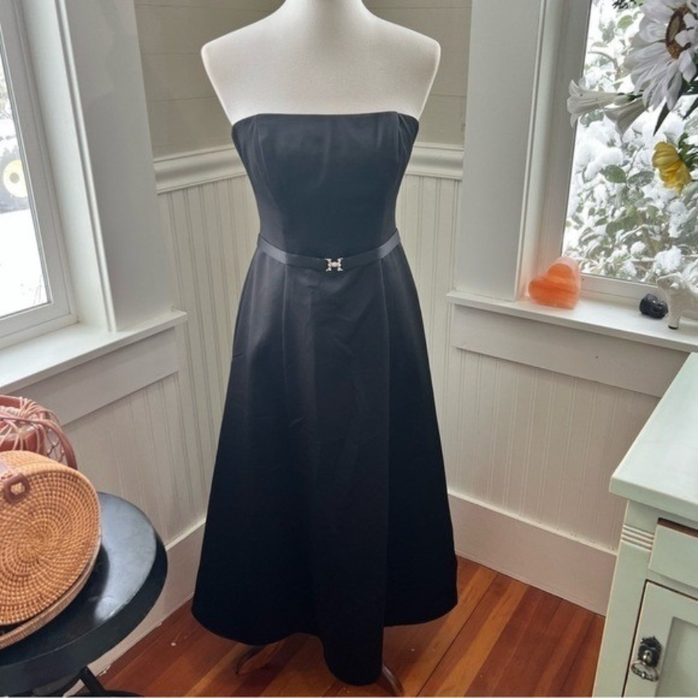 Black Strapless Corset Back Evening Gown Rhinestone Belt Tulle Skirt Small